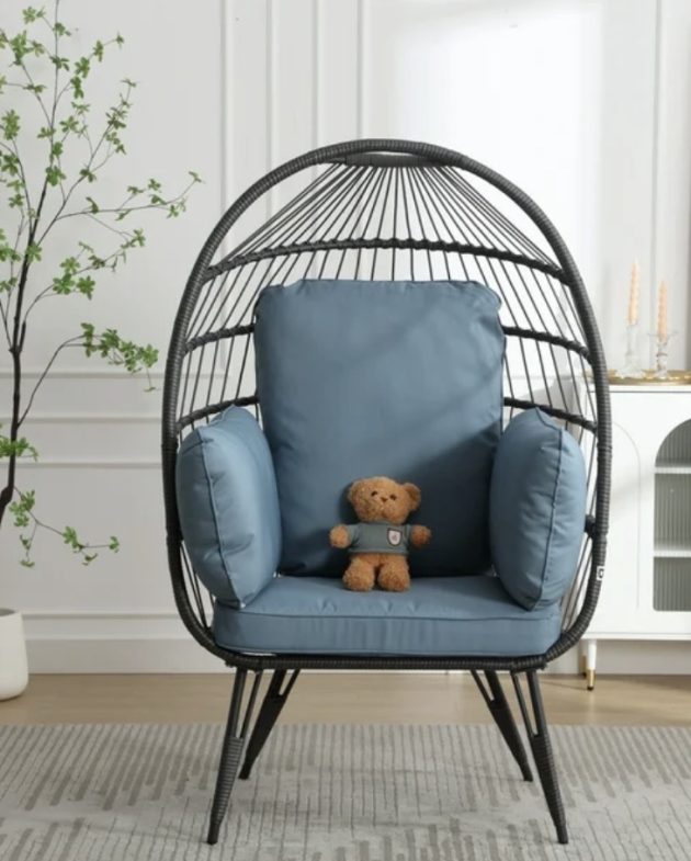 MOONMISS Rattan Water Resistant UV Resistant Cushio Egg Basket Chairs with a Teddy Bear-Blue